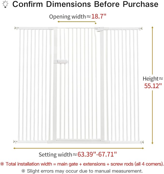 Lumizone Extra Tall Cat Gate 55.12" High Pressure Mounted Extra Wide 2025 New (17 Sizes) 1.37" Gap No Drilling Auto-Close One-Handed Operation Tall Pet Gate for Dogs(White, 55.12" H x 63.39"-67.71" W)