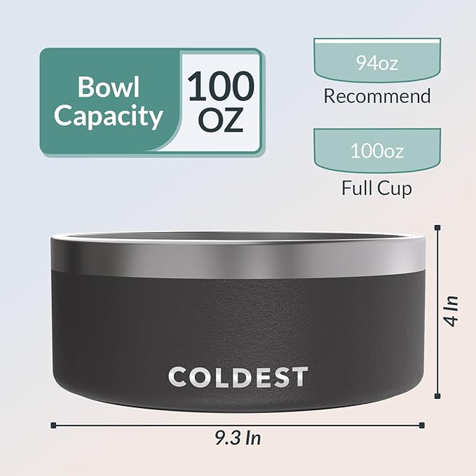 Coldest Dog Bowl - Anti Rust Metal, Non Slip, 3 Layers Insulated Stainless Steel Dog Bowls - Spill Proof & Heavy Duty - Water Bowl for Dogs, Cats & Pets, Dish Washer Safe (100 oz, Stealth Black)
