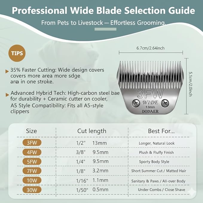 3FW Dog Grooming Replacement Wide Blade,Compatible with Andis, Wahl, Oster A5 Dog Wide Clippers, 13mm (1/2") Cutting Length,for Large Dogs, Cats Other Pet Grooming