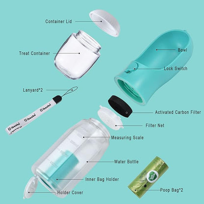 Cibaabo Dog Water Bottle with Food Container & Poop Bag Holder, Travel Water Bowl, Portable Pet Dispenser, Dog Gifts Stuff Accessories Items, Puppy Essentials for Yorkie Chihuahua Walking Hiking