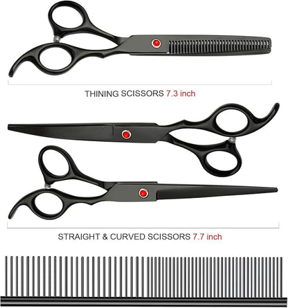 FAIGEO Professional Dog Grooming Scissors Set Stainless Steel Dog Grooming Kit - Thinning, Curved Scissors and Comb for Cat Pet (Black 5 in1)