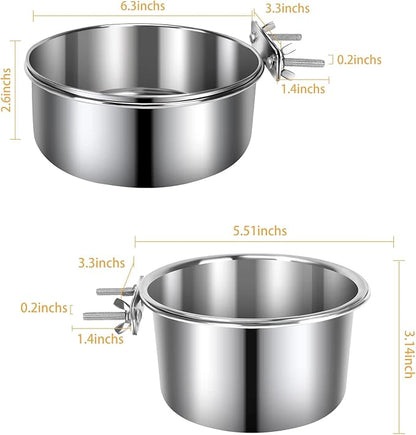 2 Pcs Medium Pet Dog Food Water Bowl for Cage Stainless Steel Non-Spill Kennel Hanging Cats Pets Bowls with Clamp Holder Crate Feeder Dish for Medium Dogs Pets (5.5x3.1'' & 6.3x2.6'')