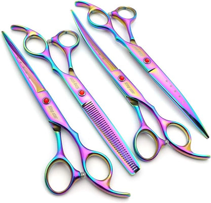 KINGSTAR 7.0in Titanium Rainbow Professional Pet Grooming Scissors Set,Straight & Thinning & Curved Scissors 4pcs Set for Dog Grooming,(Rainbow)