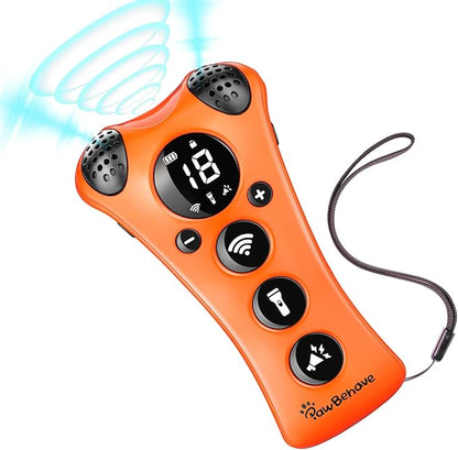 PawBehave Adjustable Ultrasonic Dog Trainer – World's First Variable Frequency Pet Behavior Corrector with 10 Level Ultra Sound, 18 Dog Whistles, Anti-Bark Flashlight, Humane Dog Deterrent (Orange)