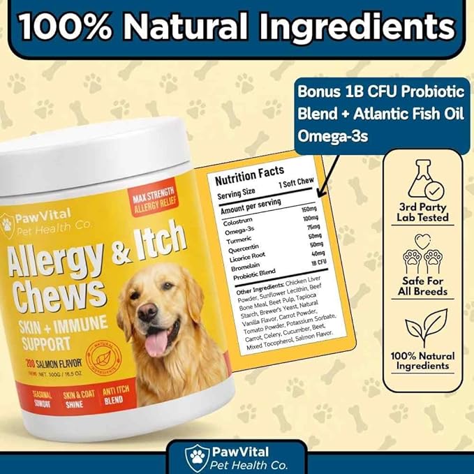 Dog Allergy Chews - 200ct Dog Allergy Relief for Itching Skin & Paw Licking - Allergy and Immune Chews for Dogs with Probiotics & Colostrum - Anti Itch Supplement for Seasonal Allergies, Salmon Flavor