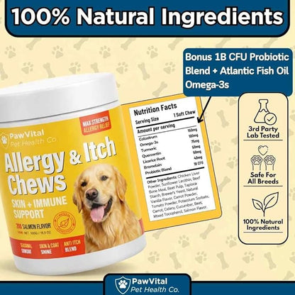 Dog Allergy Chews - 200ct Dog Allergy Relief for Itching Skin & Paw Licking - Allergy and Immune Chews for Dogs with Probiotics & Colostrum - Anti Itch Supplement for Seasonal Allergies, Salmon Flavor