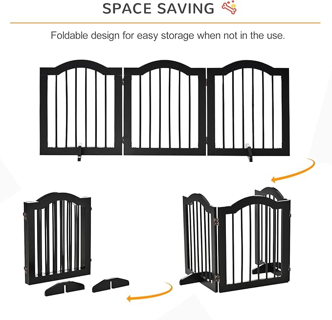 PawHut 24"H Foldable Dog Gate, 3 Panels Freestanding Pet Gate Barriers Indoor with Support Feet, Puppy Fence for Small Dogs, Black
