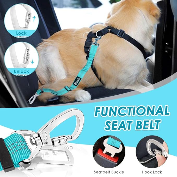 SlowTon Dog Seatbelt, 2 Pack Dog Seat Belt Car Leash Adjustable Elastic Bungee Buffer Heavy Duty Nylon Reflective Pet Safety Tether Connect to Dog Harness for Travel Riding in Vehicle (Daul Clip, TB)