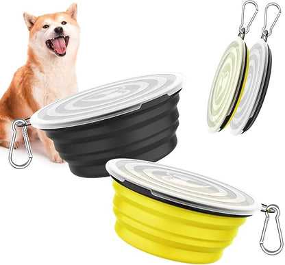 Pawaboo Collapsible Dog Bowls 2 Pack, Silicone Feeding Watering Bowls with Lids & Carabiners for Dogs Cats, Portable Water Feeder Food Bowl for Walking Traveling Home Use, Yellow + Black