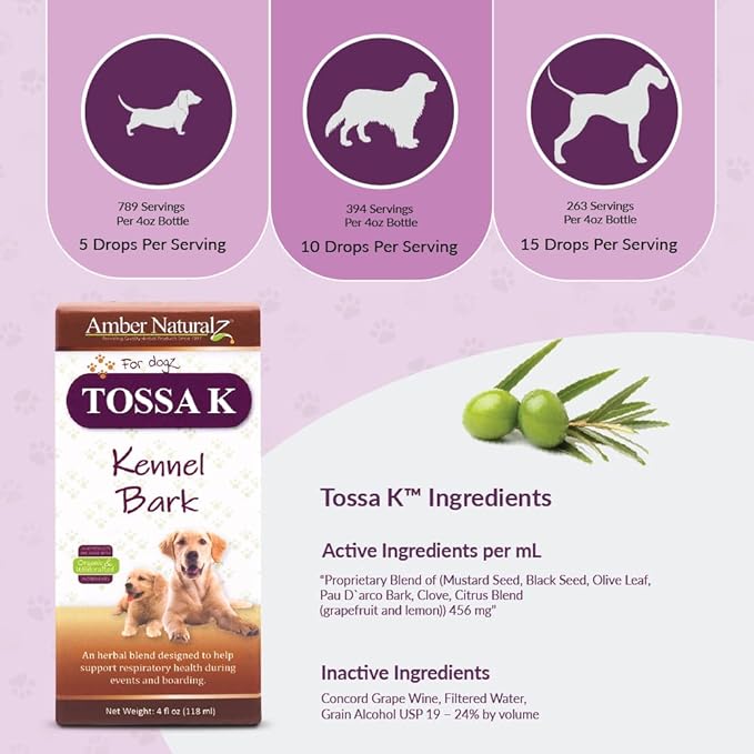 Amber NaturalZ Tossa K Kennel Bark Herbal Supplements for Dogs and Puppies | Canine Herbal Blend for Respiratory Health | 4 Fluid Ounce Glass Bottle | Globally Sourced Ingredients | Made in The USA
