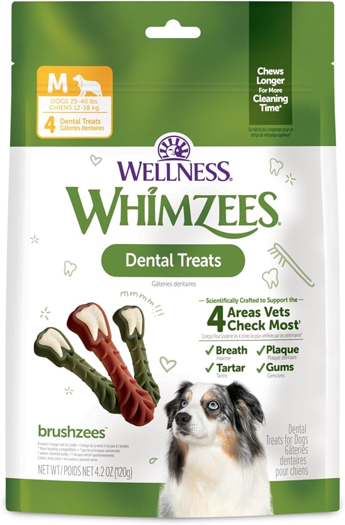 Whimzees Wellness Brushzees Dog Dental Treat, VOHC Accepted Chews, Freshens Breath, Medium Size, 4.2 oz Bag, 4 Count
