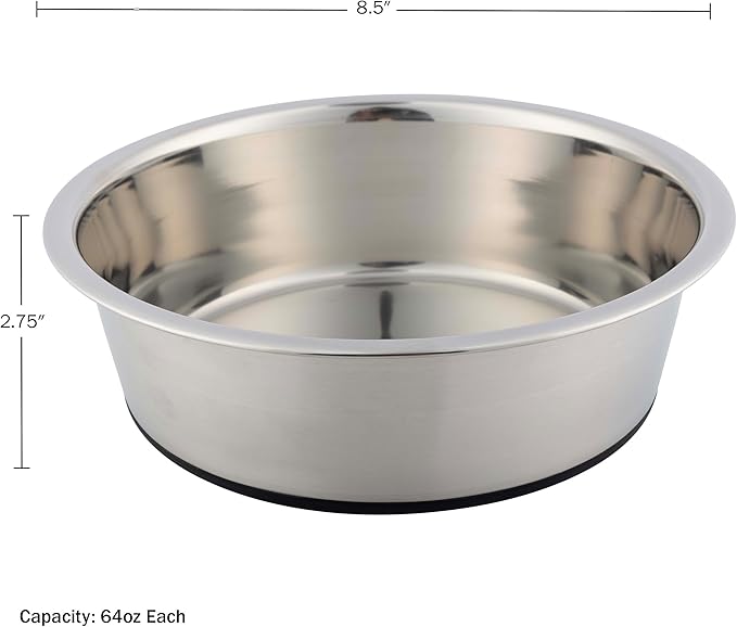 Set of 2 Stainless Steel Dog Bowls - 64oz or 8 Cups Food and Water Bowls for Dogs and Cats - Non Slip Metal Pet Dishes for Medium to Large Sized Pets - Puppy Essentials by PETMAKER