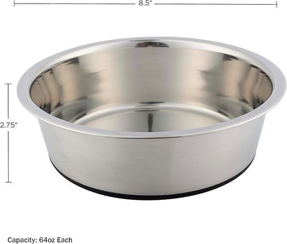Set of 2 Stainless Steel Dog Bowls - 64oz or 8 Cups Food and Water Bowls for Dogs and Cats - Non Slip Metal Pet Dishes for Medium to Large Sized Pets - Puppy Essentials by PETMAKER