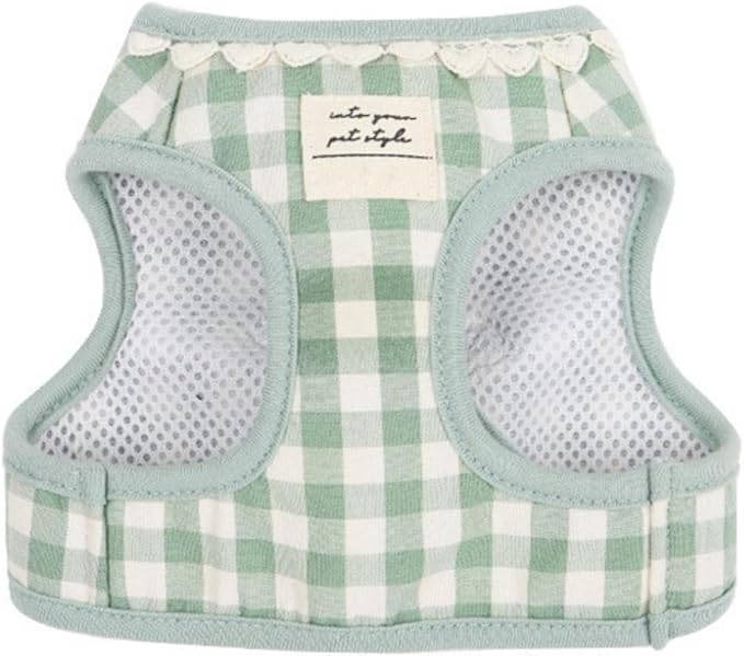 Country Chic Pet Harness and Leash Set, Gingham Pattern Breathable Mesh (Green, S(3.3-7.7 IBS)/(1.5-3.5 KG))