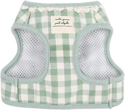 Country Chic Pet Harness and Leash Set, Gingham Pattern Breathable Mesh (Green, S(3.3-7.7 IBS)/(1.5-3.5 KG))