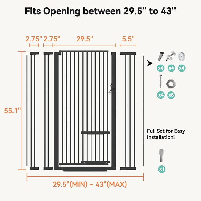 COMOMY 55.1" Extra Tall Pet Gate for Cats, 29.5-43" Extra Wide Cat Gate with Adjustable Cat Door, Pressure Mounted Easy Walk Through Pet Gate with Door for Stairs, Doorways, Kitchen(Black)