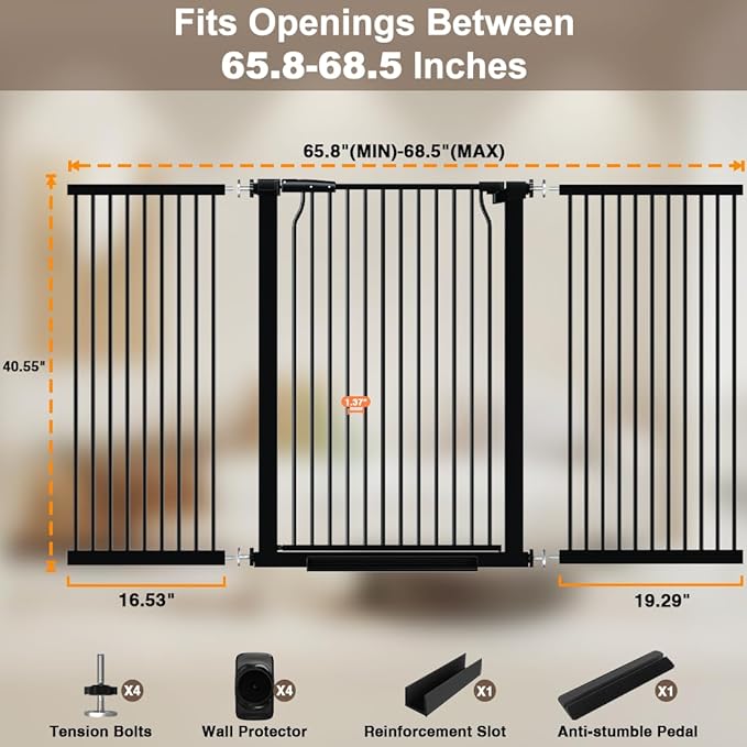 40.55" Extra Tall Dog Gate for Doorways & Stairs, 65.8-68.5" Extra Wide, Pressure Mounted, Auto Close, Black