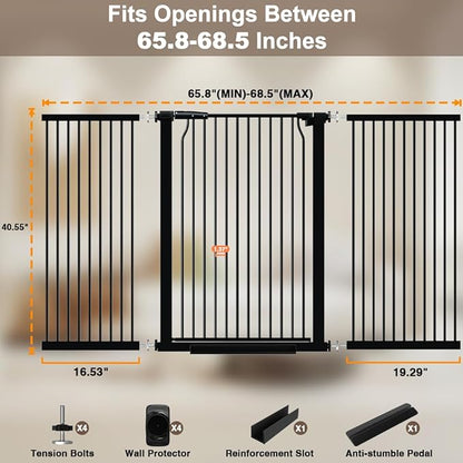 40.55" Extra Tall Dog Gate for Doorways & Stairs, 65.8-68.5" Extra Wide, Pressure Mounted, Auto Close, Black