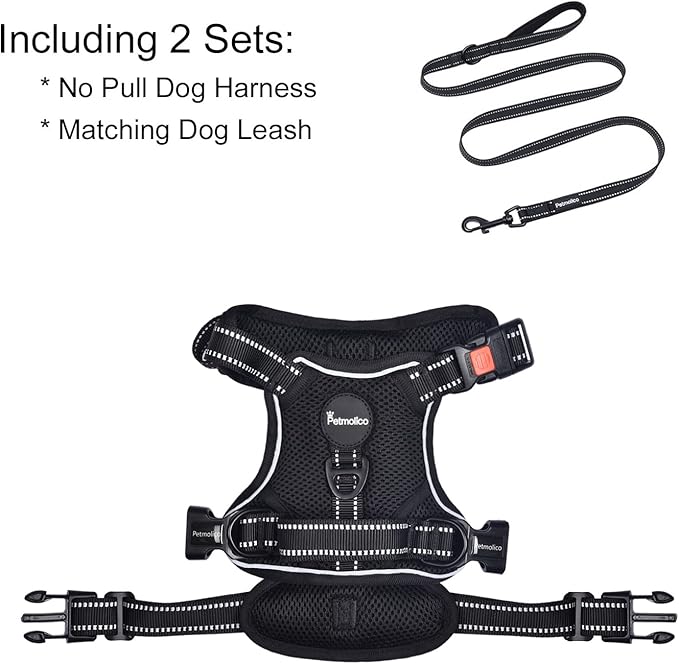 Petmolico No Pull Dog Harness and Leash Set, No Choke 4 Leash Attchments Easy Control Handle Soft Padded Reflective Vest Dog Harness for Small Dog Breed, Black Small
