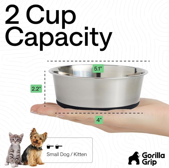 GORILLA GRIP Dog Bowls, Food Grade 304 Stainless Steel, Holds 2 Cups Each (16 fl oz) Food and Water Bowl for Feeding Dogs and Cats, Dishwasher Safe, Rust Resistant, BPA Free Rubber Base Set of 2 Black