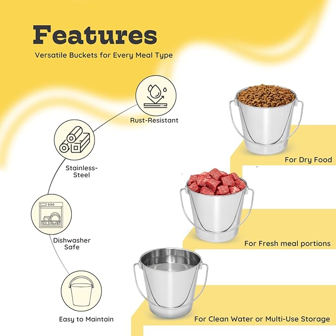 4 Quart Heavy Duty Stainless Steel Round Bucket with Handle | Fits Kennel Cage Critter Crates Farm use | Food & Water Pail for Dogs Cats Goat Pets | Livestock Multipurpose, Pack of 2
