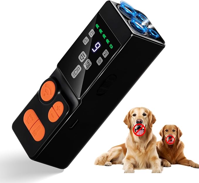 Dog Bark Deterrent Device, 4X Ultrasonic Dog Repeller with Powerful Flashlight, Human & Pet Safe, Effective Training & Deterrent Aid for Indoor/Outdoor Use