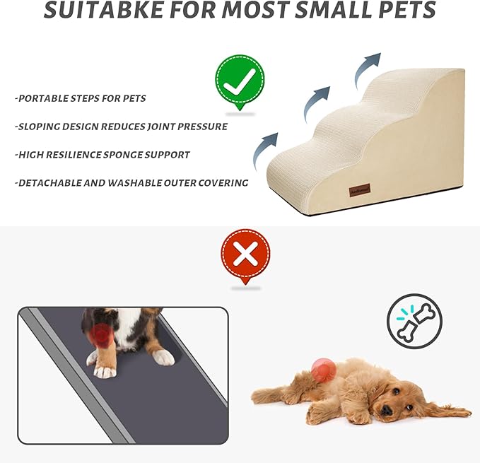 Aodisman 3-Step Dog Ramp and Stairs for Sofa and Chair - Non-Slip Sturdy Pet Steps for Small Dogs and Cats,15.7" H,Beige