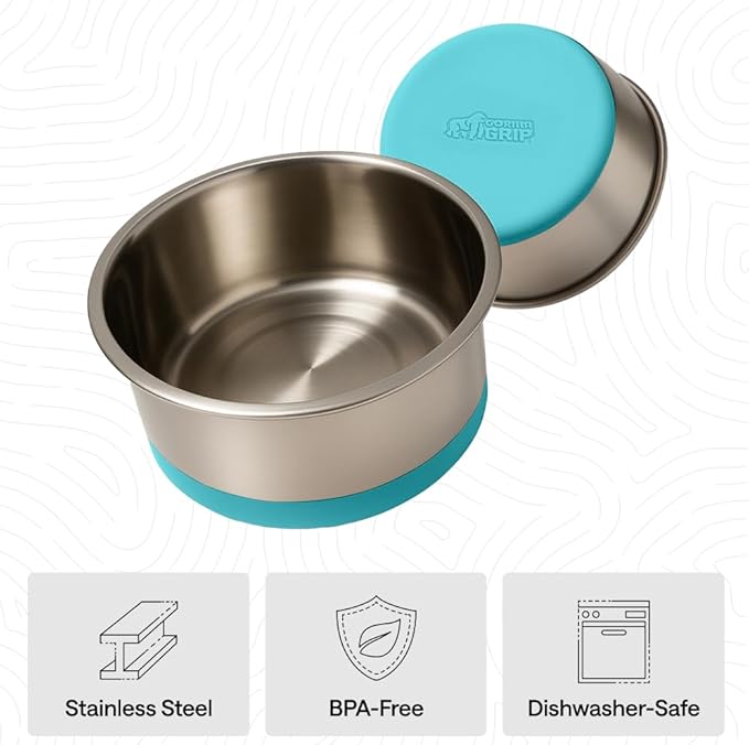 GORILLA GRIP Dog Bowls, Food Grade 304 Stainless Steel, Holds 1 Cup Each (8 fl oz) Food and Water Bowl for Feeding Dogs and Cats, Dishwasher Safe Rust Resistant BPA Free Rubber Base Set of 2 Turquoise