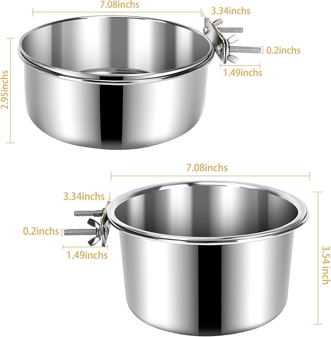 2 Pcs Large Pet Dog Food Water Bowl for Cage Stainless Steel Non-Spill Kennel Hanging Cats Bowls with Clamp Holder Crate Feeder Dish for Medium Large Dogs Huge Pets (7.1x3.7'' & 7.1x2.5'')