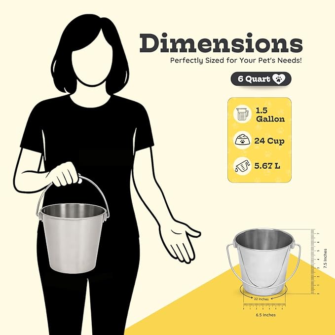6 quart Heavy Duty Stainless Steel Round Bucket with Handle 2 Pcs | 1.5 gal Sturdy Food & Water Bowl for XL Dog Goat sheep & Livestock | Fits kennel Crate Cage Farm | Hanging Utility Pail