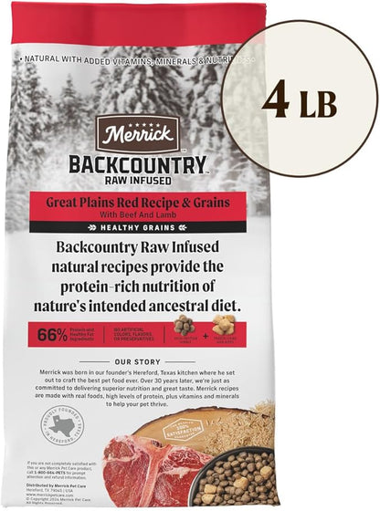 Merrick Backcountry Healthy Grains Kibble With Freeze Dried Raw Pieces, Great Plains Red Meat Recipe Dog Food - 4.0 lb. Bag