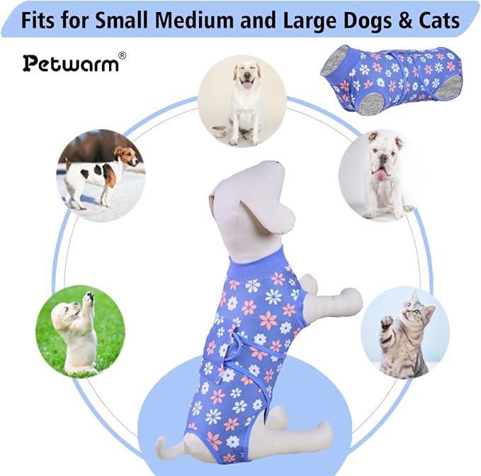 PetWarm Surgery Suit for Dogs Female, Bodysuit for Abdominal Affected Areas Sensitive Skin Areas, Dog Abdominal Affected Areas Bandages Substitute E-Collar and Cone, Flower Pattern, Blue, XL