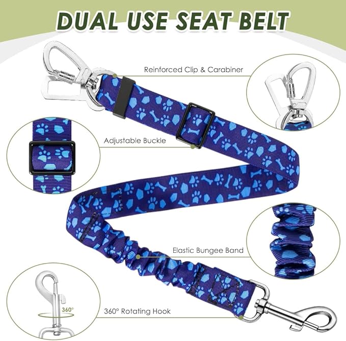 SlowTon Dog Seatbelt, 2 Pack Dog Seat Belt Car Leash Adjustable Elastic Bungee Buffer Heavy Duty Nylon Reflective Pet Safety Tether Connect to Dog Harness for Travel Riding in Vehicle (Daul Clip, BL)