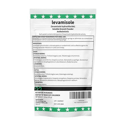 Soluble Drench Powder for Sheep & Cattle, Levamisole Hydrochloride, Oral Dewormer, 1.8 oz (52 g)