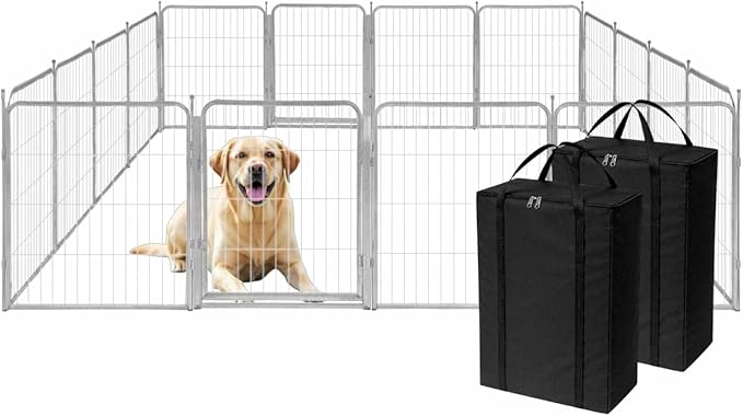 Dog Playpen w/Carrying Case for Indoor or Outdoor Use – 32 Inch, 16 Grey Panels - Portable Metal Exercise Pen for Small & Medium Dogs - Pet Fence Kennel Crate for House, RV, or Travel