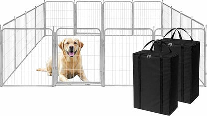 Dog Playpen w/Carrying Case for Indoor or Outdoor Use – 32 Inch, 16 Grey Panels - Portable Metal Exercise Pen for Small & Medium Dogs - Pet Fence Kennel Crate for House, RV, or Travel