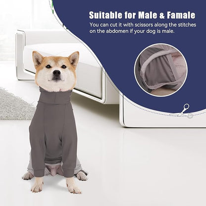 Dog Recovery Suit for Surgery Dog Onesie for Female and Male E-Collar Alternative Anti Shedding Pajamas Long Sleeve Claming Bodysuit Gray L