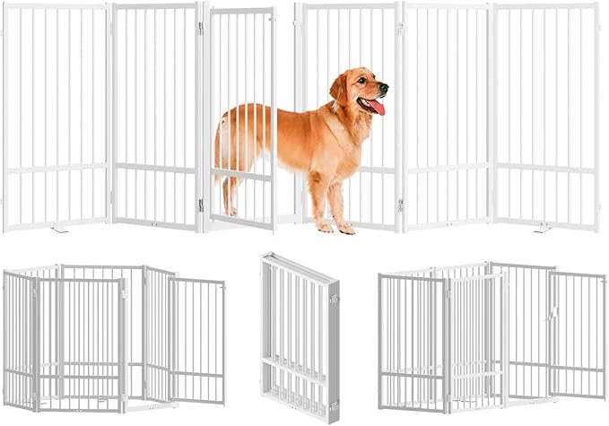SNUOWU Full Metal Freestanding Dog Gate with Door, 32''Height Foldable Pet Dog Fence for Indoor & Outdoor, 6 Panels Extra Wide Free Standing TallDog Gates for Doorways,House,Stairs,Porch,Deck,Yard