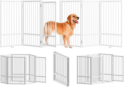 SNUOWU Full Metal Freestanding Dog Gate with Door, 32''Height Foldable Pet Dog Fence for Indoor & Outdoor, 6 Panels Extra Wide Free Standing TallDog Gates for Doorways,House,Stairs,Porch,Deck,Yard
