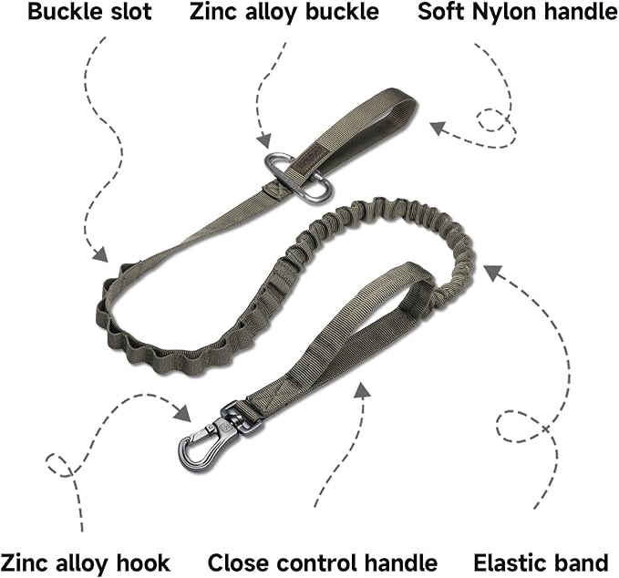 Excellent Elite Spanker Tactical Bungee Dog Leash Military Adjustable Dog Leash Quick Release Elastic Leads Rope with 2 Control Handle(Ranger Green)