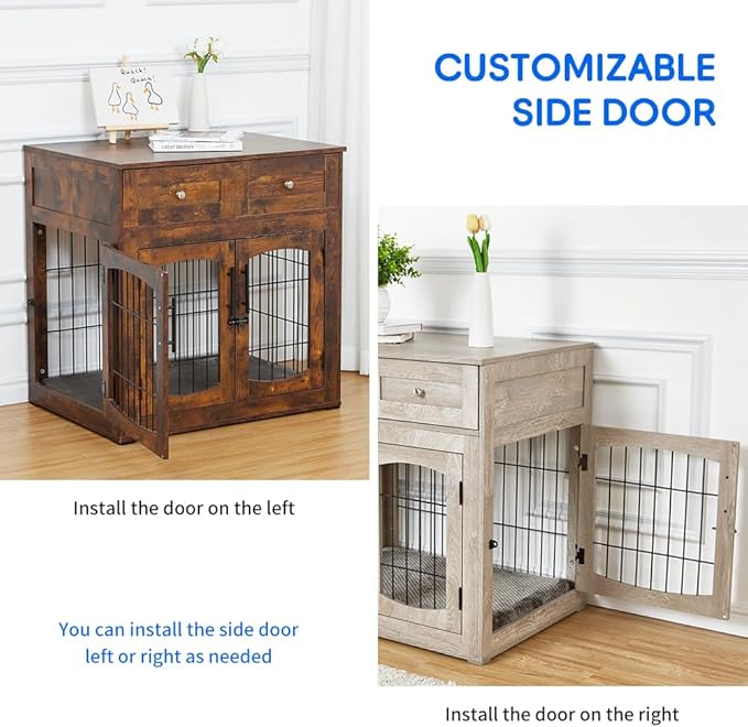 Hipicute Dog Crate Furniture with Drawers, Wooden Kennel for Large Breed Dogs, End Table Dog House for Indoor Use, Dog Crate for Small/Medium/Large Dogs
