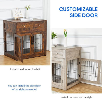 Hipicute Dog Crate Furniture with Drawers, Wooden Kennel for Large Breed Dogs, End Table Dog House for Indoor Use, Dog Crate for Small/Medium/Large Dogs