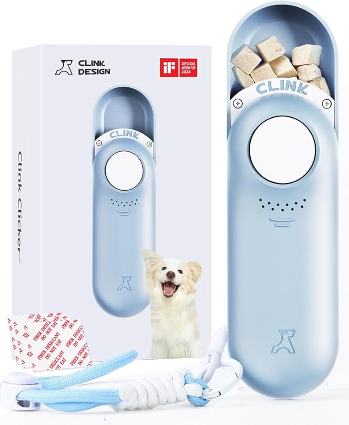 Clink Design Dog Training Clicker and Clicker Dog Trainer with Built in Treat Storage, Compact Dog Clicker for Puppy Training or Cat Clicker, 2.36 oz, Blue