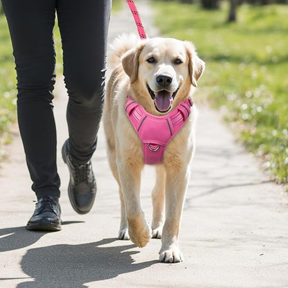 BARKBAY No Pull Dog Harness Large Reflective Dog Harness with Front Clip and Easy Control Handle for Walking Training Running with ID tag Pocket(Pink,XL)