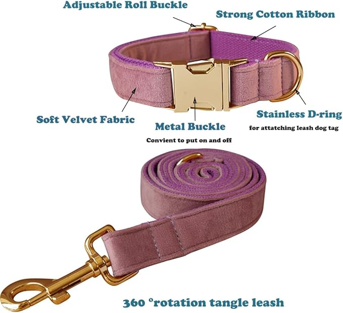 Love Dream Velvet Dog Collar and Leash Set, Soft & Comfy Adjustable Dog Leash and Collar with Heavy Duty Metal Buckle for Small Medium Large Dogs Training & Walking (Medium, Light Purple)