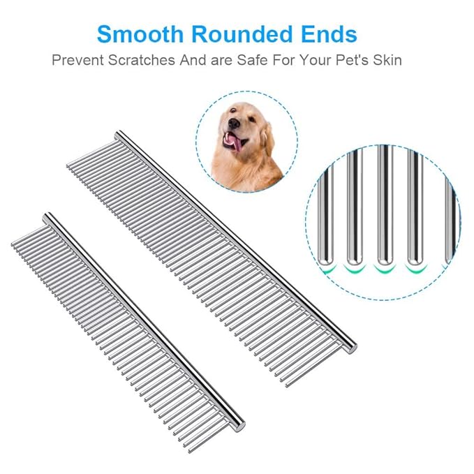 Cafhelp 2 Pack Dog Combs with Rounded Ends Stainless Steel Teeth, Cat Comb for Removing Tangles and Knots, Professional Grooming Tool for Long and Short Haired Dog, Cat and other pets, 6.3IN/7.4IN