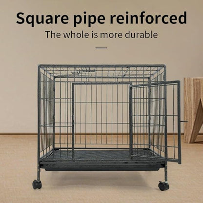 24" Heavy Duty Dog Crate, Escape Proof Double Door Dog Kennel with Removable Trays & Lockable Wheels, Stackable Dog Cage, Indestructible Metal Pet Crate Indoor for High Anxiety Small Dogs