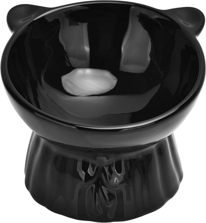 Elevated Cat Food Bowl,8 Oz Ceramic Raised and Tilted Water Bowl,Anti Vomiting and Protect Pets Spines Dishes for Fat Faced Cat, Indoor Cats,Kitten,Small Dog (Black)