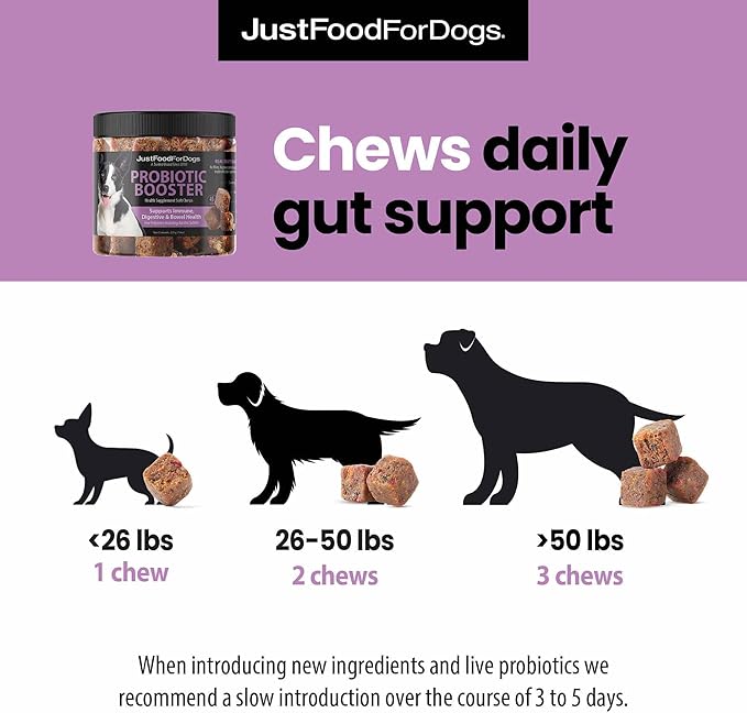 JustFoodForDogs Probiotic Booster Supplement for Dogs, Human Grade Dog Supplements, Immune and Digestive Support, Multivitamin Soft Chews, Superfood Blend, Plant Based Dog Vitamins - 45 Count