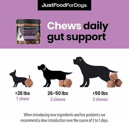 JustFoodForDogs Probiotic Booster Supplement for Dogs, Human Grade Dog Supplements, Immune and Digestive Support, Multivitamin Soft Chews, Superfood Blend, Plant Based Dog Vitamins - 45 Count